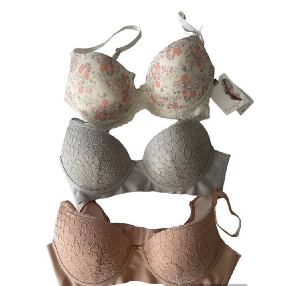 Jessica Simpson‎ 3 Pack Lace Underwire T-Shirt Bras 34B Floral Grey Rose NWT